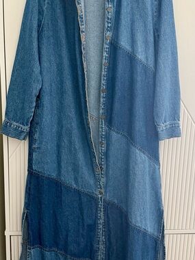 Mango Patchwork Longline Denim Coat - Blue
